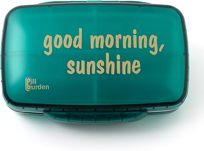 Cute Pill Organizer – Large Stylish Travel Case for Vitamins & Supplements in Green/Good Morning Sunshine