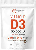 Micro Ingredients Vitamin D3 50,000 IU + K2 MK-7 200 mcg, 240 Softgels | Virgin Coconut Oil | 2-in-1 Support | Easy to Swallow, Non-GMO