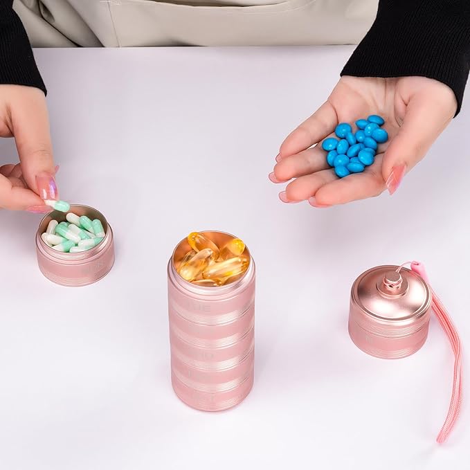 Metal Travel Pill Organizer - 7 Day Waterproof Metal Weekly Pill Box Daily Pill Case, Pill Container for Vitamin Medicine Supplements Fish Oil, Pink Medicine Pill Organizer