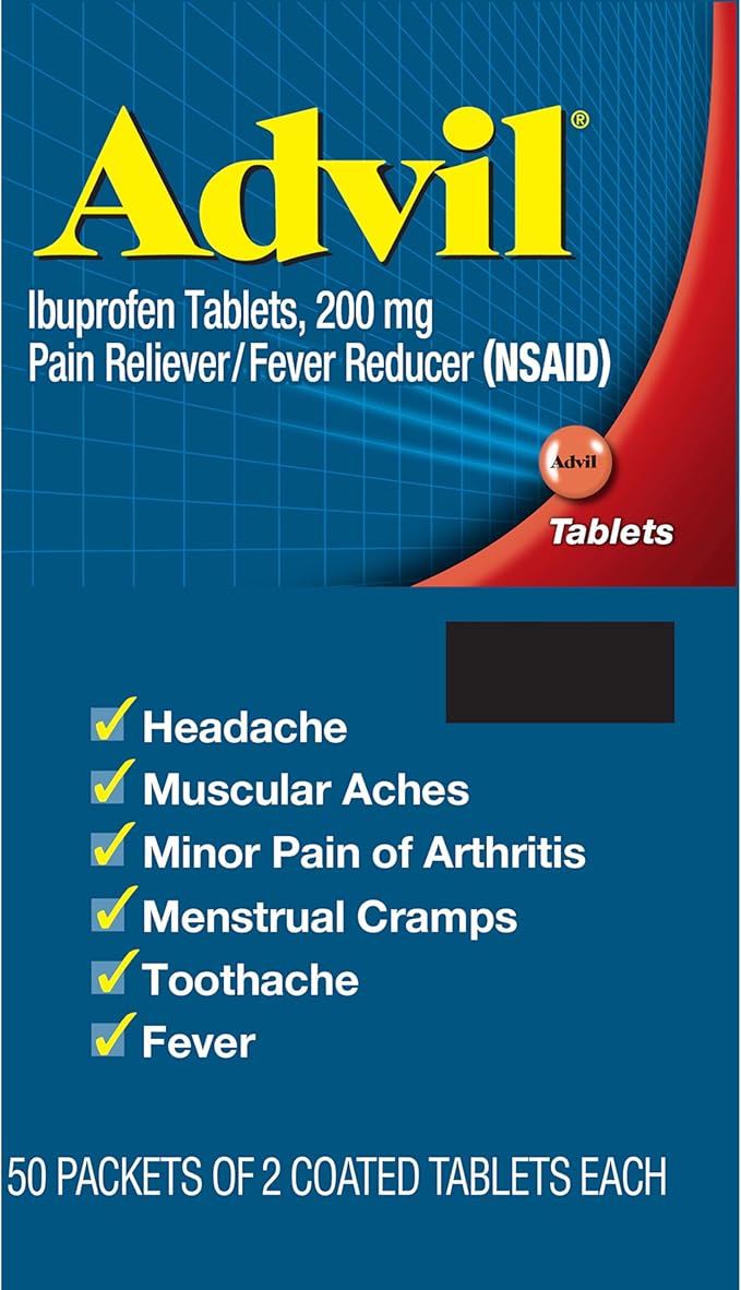 Advil Pain Reliever and Fever Reducer, Pain Relief Medicine with Ibuprofen 200mg for Headache, Backache, Menstrual Pain and Joint Pain Relief - 50x2 Coated Tablets