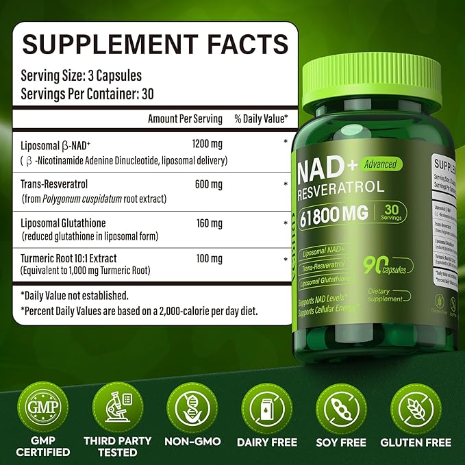 Liposomal NAD Supplement with Resveratrol 61800mg Per Bottle – NAD Resveratrol for Women & Men – High Purity 1200mg NAD+ Supplement for Energy & Healthy Aging, Glutathione, Turmeric – 90 Count