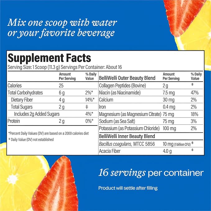 BelliWelli Fiber Supplement for Women & Men Premium Daily Fiber Powder from Organic Acacia with Added Collagen Electrolytes & Probiotics No Bloat Constipation & Gut Health Support(Strawberry Lemonade)