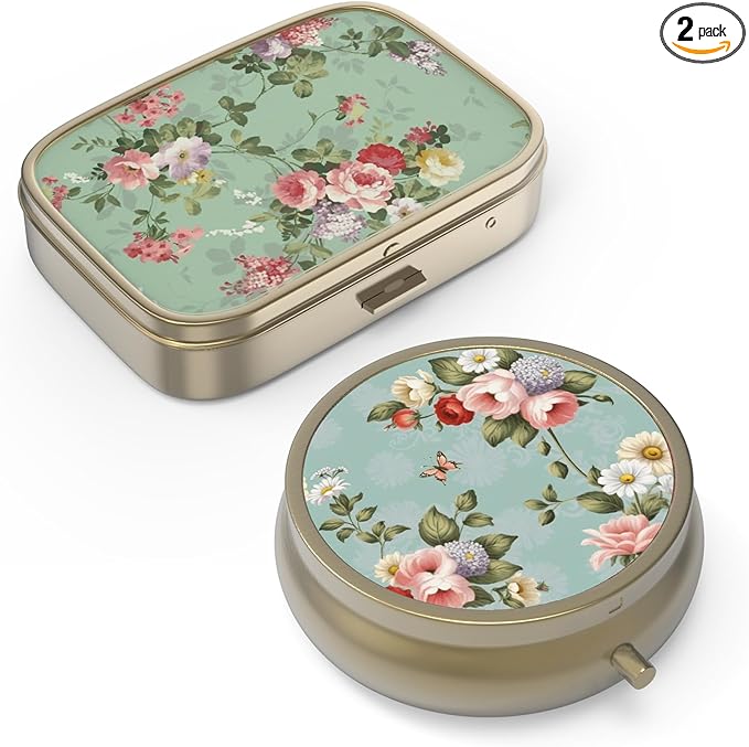 Pill Case Pill Box with Mirror Retro Small Pill Case for Purse or Pocket Bronze Pill Box or Vitamins, Fish Oil, Supplements, Pill Containe Travel Gifts（2PCS）
