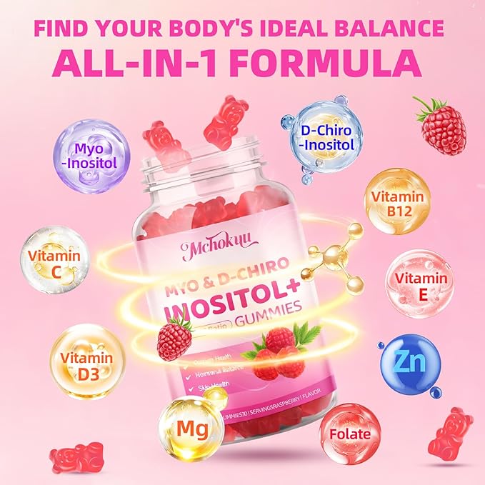 Myo-Inositol & D-Chiro Inositol Gummies, Ideal 40:1 Ratio Supplement for Women with Vitamin D3 & B12 for Support Hormonal Balance & Wellness, Sugar Free, Raspberry, 60 Count