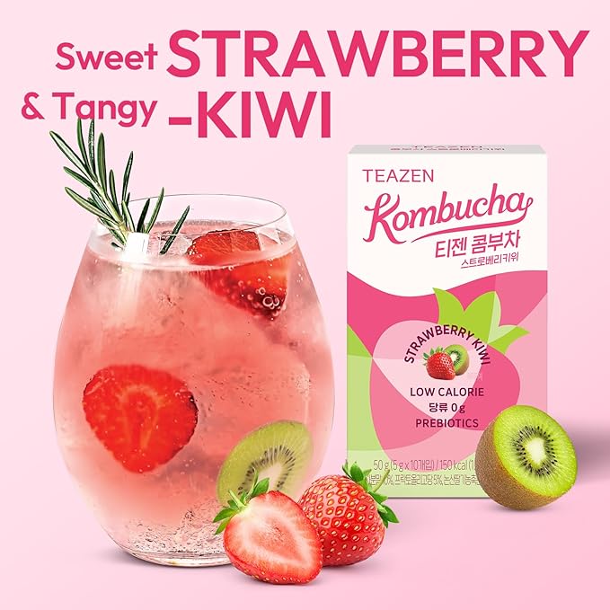 TEAZEN Strawberry&Kiwi Kombucha Powder, Hydration Drink Mix, Sugar Free, Live Probiotics & Prebiotics, On-the-Go 10 Packets, 1.76oz