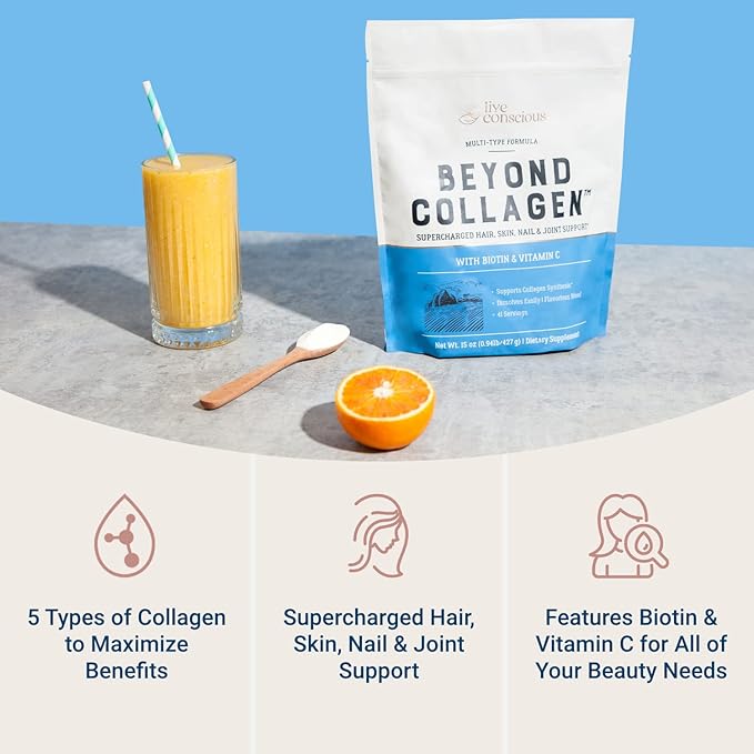 Live Conscious Beyond Collagen Multi Collagen Powder w/Types I, II, III, V & X - Keto Friendly, Hydrolyzed Collagen Peptides Powder Blend w/Biotin & Vitamin C (2-Pack)