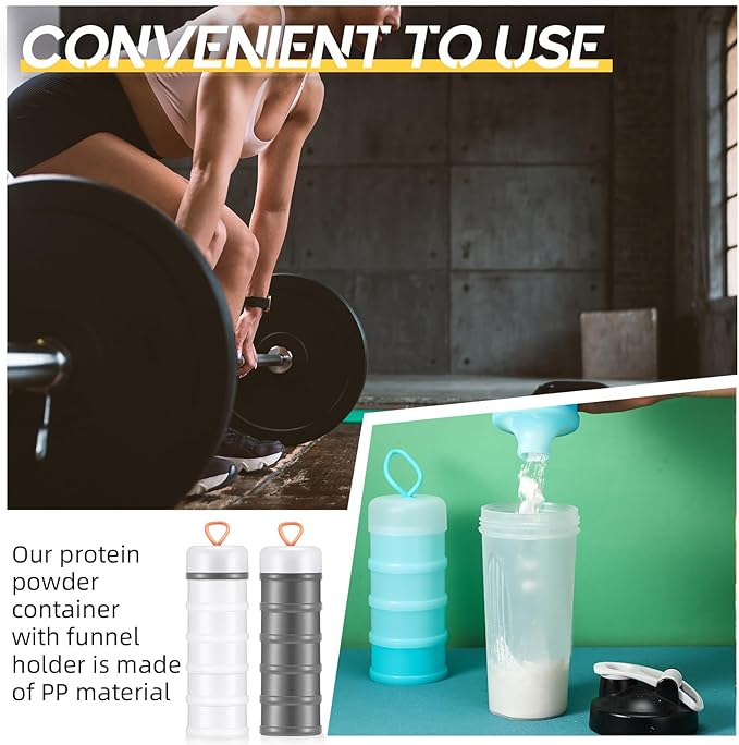 Baderke 4 Pcs Protein Powder Container 5 Layers Stackable Leakproof Container Powder Dispenser with Funnels Stand Keychain Flour Canister for Workout Fitness(Black, White, Blue, Pink)