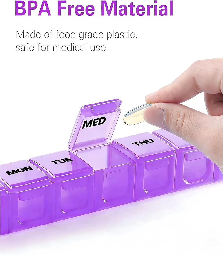 BUG HULL Weekly Pill Organizer Large 2 Packs, Extra Large Travel Pill Organizers, Pill Box 7 Day, Travel Pill Case, Medicine Pill Organizer for Vitamins, Supplements and Medication (White+Purple)