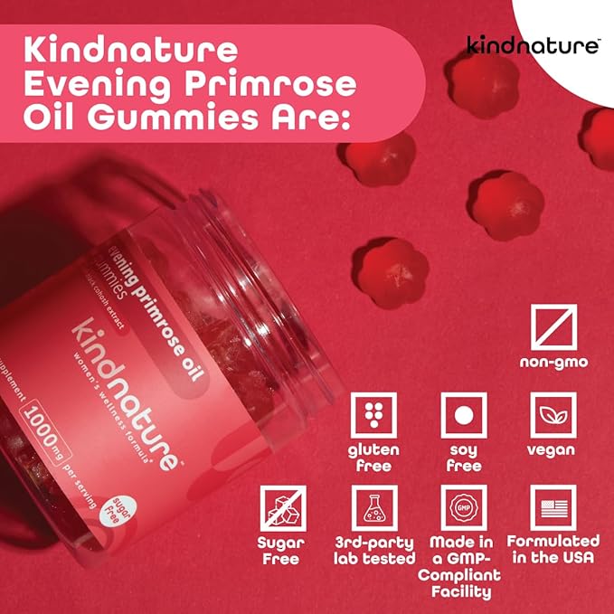 kindnature Evening Primrose Oil Gummies for Women – 1000mg + Black Cohosh – PMS, Perimenopause & Menopause Support – Vegan, Sugar-Free, Non-GMO