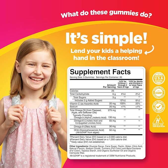 Kids Omega and DHA Gummies - Fatty Acids Omega 3 6 9 with Vitamin C for Vision - Nutritional DHA for Kids for Healthy Nervous System & Focus Support - Fish Free - 60 Count