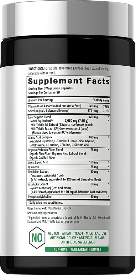 Horbäach Liver Support | 600 mg Milk Thistle | 90 Vegetarian Capsules | Herbal Detox Formula | Non-GMO, Gluten Free