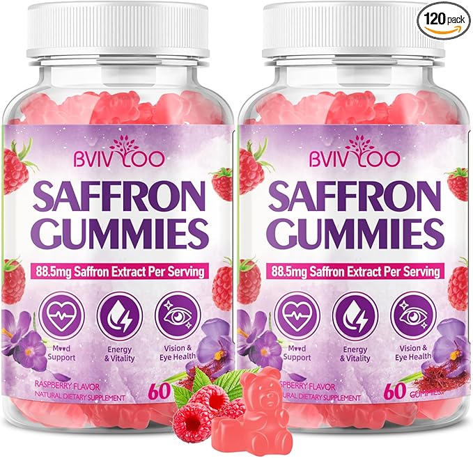 Saffron Gummies for Adult Kids, 10-IN-1 Formula with Saffron 88.5mg, Vitamins D3 & B6, Magnesium, Zinc, Ashwagandha, L-Theanine, St. John's Wort - Supports Mood & Focus, Raspberry Flavor, 120 Count
