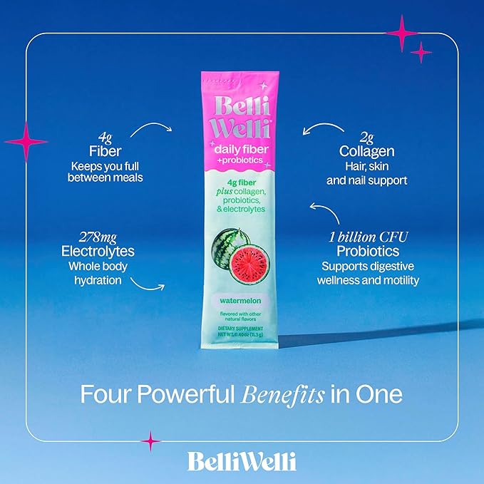 Belli Welli Daily Fiber Supplement Packets with Collagen, Probiotics & Electrolytes | Single Serve Packets for Gut Health, Digestion & Debloating | Watermelon | 10 Count