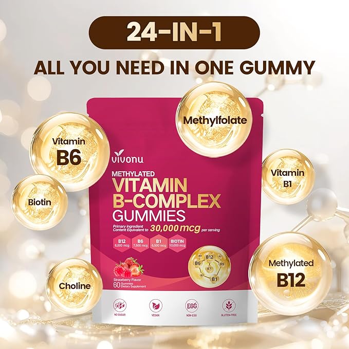 Vitamin B Complex Gummies, 6000 mcg Methylated Vitamin B12, with B6 B1, B2, B3, B5, B7, Methylfolate, Vitamins A C D E, Vegan, Non GMO, Methylated B Complex Vitamin - 60 Gummies