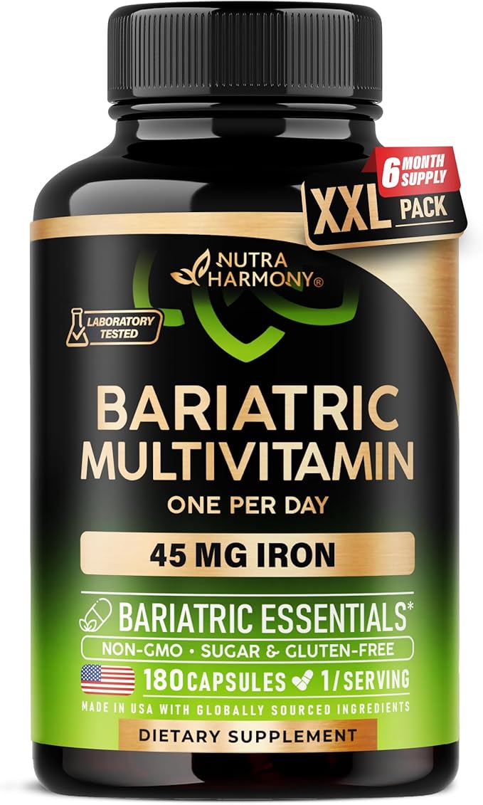 Bariatric Multivitamin - 45 mg Iron Supplements - Made in USA - for Women & Men - All-in-One, 21 Essential Vitamins - Gastric Sleeve Support - Free of Sugar, Gluten & Soy - 180 Capsules, Once Daily