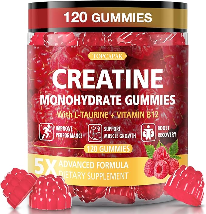 Creatine Gummies for Men & Women - Chewable Creatine Gummy with Taurine & Vitamin B12, 5g Creatine Monohydrate per Serving, 120 Gummies - Raspberry Flavor, Raspberry-Shaped