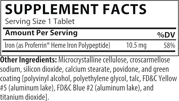 Proferrin ES- 10.5mg of high Absorbing Heme Iron Polypeptide. Made in The USA. 30 Tablets. Easy on The Gut. Not affected by Coffee, Calcium, or PPI's.