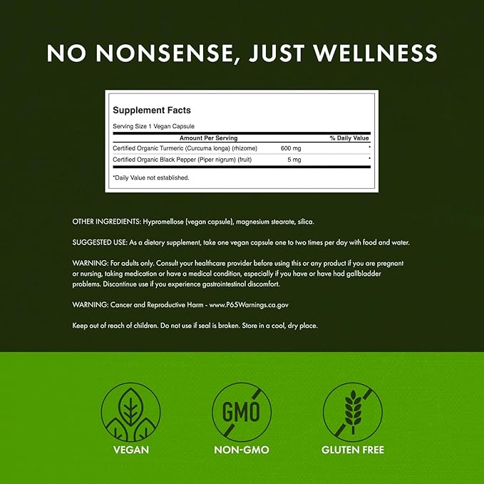 Swanson Organic Turmeric & Black Pepper Joint Health Supplement for Active Adults Seeking Anti-Inflammatory Support with Enhanced Bioavailability (60 Vegan Capsules, 3 Pack)