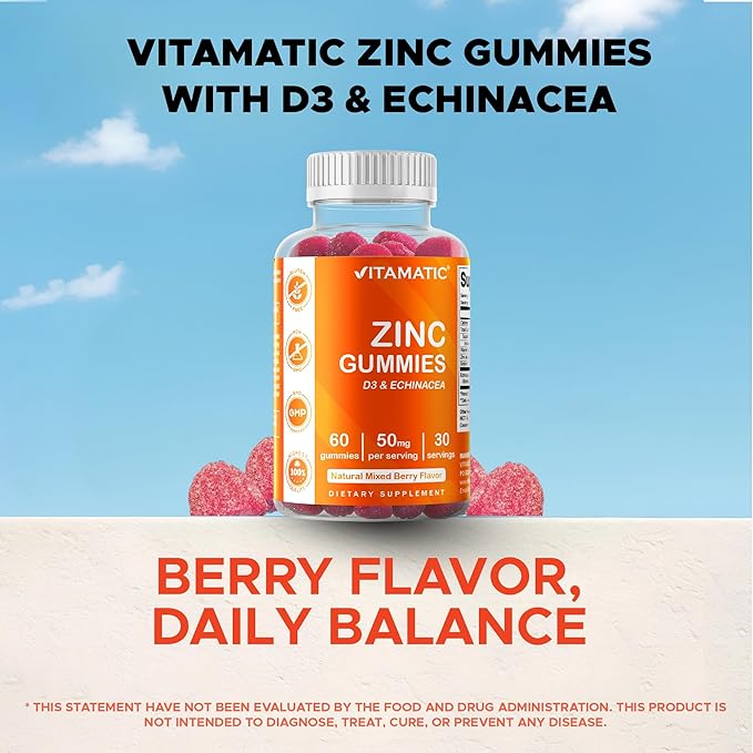 Vitamatic Zinc 50mg Gummies – 60 Vegan Gummies – Gluten-Free – 4 Pack