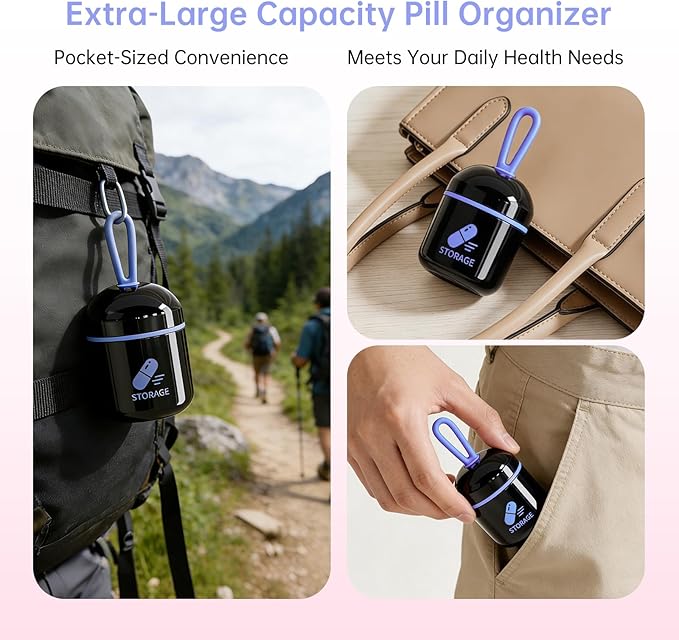 Keychain Pill Holder, Small Pill Box Case Container Organizer for Purse, Pocket Pill Case for Men, Silicone Seal Moisture Proof Mini Pill Bottle for Outdoor Camping Travel Jewelry (Black)