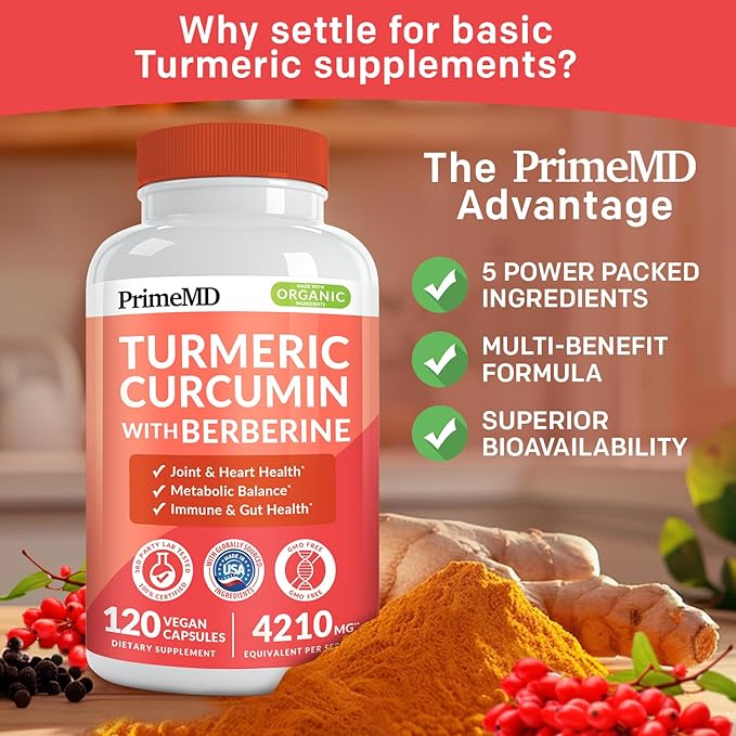 5-in-1 Organic Turmeric Curcumin Supplement (4210mg) with Berberine, Ceylon Cinnamon Bioperine and Ginger Supplements for Joint, Heart, Gut, & Metabolic Support (60 Servings) (Pack of 3)