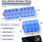 Foldable Weekly Pill Organizer 2 Times a Day with 2 Extra Compartments (Clear Printed Labels) - 7 Day AM PM Medicine Box, Week Daily Travel Pill Case Holder for Vitamin, Supplement - Clear Blue