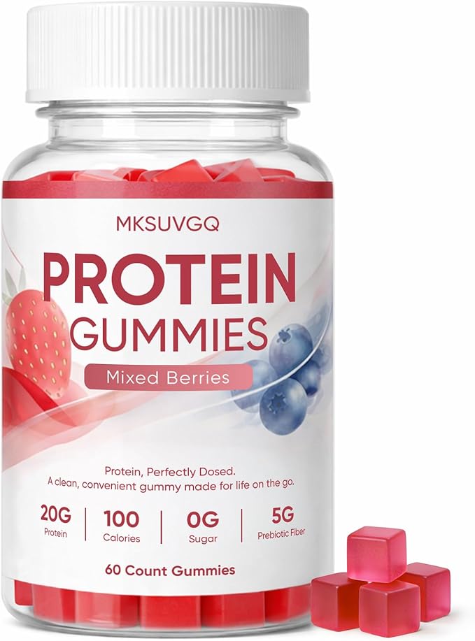 Protein Gummies,20g Protein Per Bottle, Sugar-Free, Mixed Berry Flavor, Low Calorie Vegan Protein Snack, Gluten & Soy Free, On-The-Go Nutrition,60 Gummies (red)