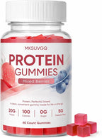 Protein Gummies,20g Protein Per Bottle, Sugar-Free, Mixed Berry Flavor, Low Calorie Vegan Protein Snack, Gluten & Soy Free, On-The-Go Nutrition,60 Gummies (red)