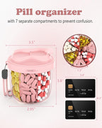 Pill Organizer with 7 Compartments, Pill Dispenser Case for Holding 7 Different Vitamins, Anti-Mix Design for Easy Medication Retrieval. Travel Pill Organizer with 20 Labels. Pill Container-Pink