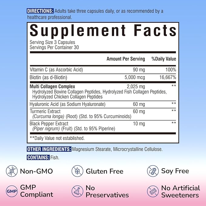 Vitalibre Multi Collagen Peptides, Hydrolyzed, Type I, II, III, Vitamin C, Biotin, Hyaluronic Acid, Turmeric & Black Pepper, Skin, Hair, Nail & Mobility Support, Non-GMO, 90 Caps
