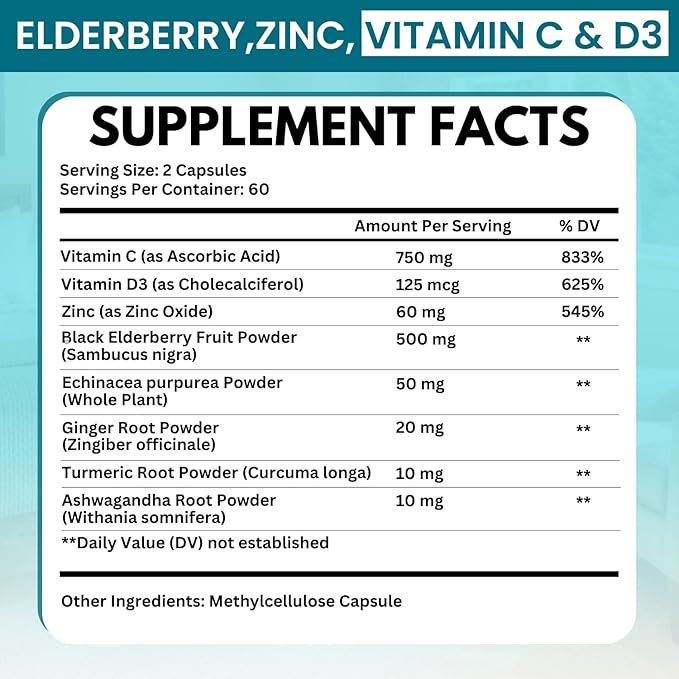 Elderberry Immune Support Supplement 8-in-1 Formula with Echinacea, Vitamin C & Zinc, Vitamin D 5000 IU, Turmeric, Ginger, Ashwagandha – 120 Capsules