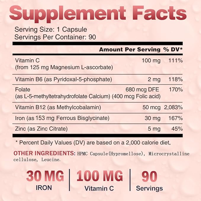 Iron Bisglycinate 30 mg with Vitamin C - High Absorption Iron Supplements for Anemia, Energy & Healthy Red Blood Cells - Gentle on Stomach, Non-Constipating, Non-GMO - 90 Vegan Capsules
