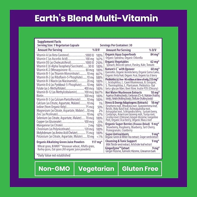 Paradise Herbs Earth's Blend Once Daily Multivitamin, No Iron, 48 Organic Superfoods, Probiotics, Antioxidants, Vitamins A, B12, C, D, K2, 30 Count