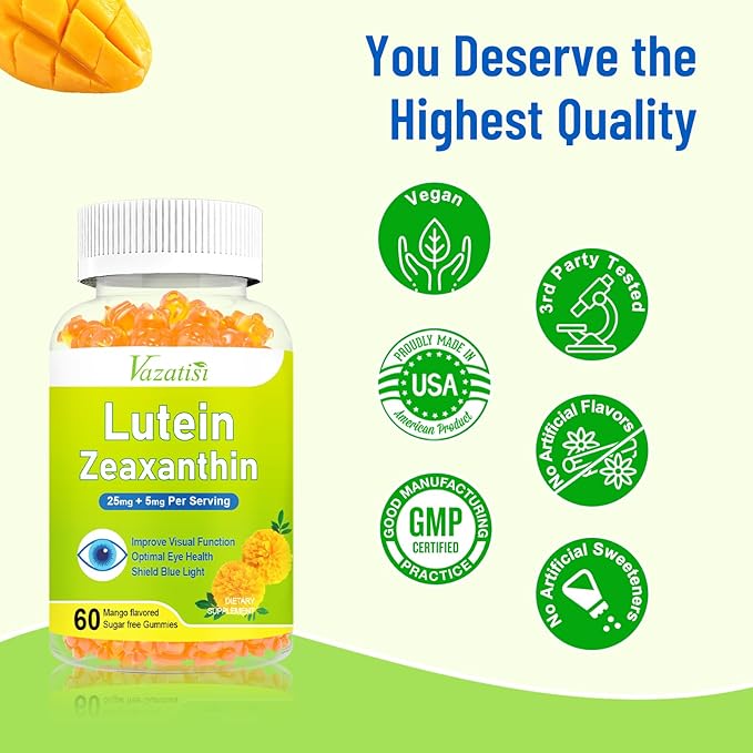 Eye Vitamins Lutein & Zeaxanthin Gummies, Sugar Free Eye Health Supplements with Bilberry, Astaxanthin - Support Blue Light, Visual Function and Macular Health - Mango Flavored, 60 Count