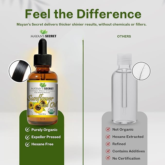 Mayan’s Secret Organic Sunflower Oil – Cold Pressed, Unrefined, High Oleic, Lightweight Moisturizing Sun Flower Oil for Face, Skin & Hair, USDA Certified Organic, 4oz Amber Glass Bottle with Dropper