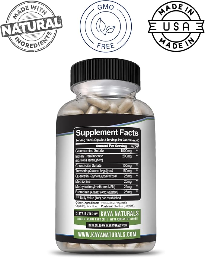 Kaya Naturals Flex Aid - Mobility Support Supplement for Men and Women - Turmeric Capsules with Glucosamine Sulfate, Boswellia Serrata and MSM - for Knee Support and Mobility Health - 180 Count