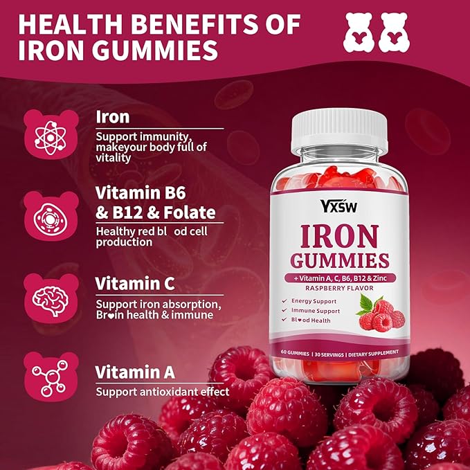 Iron Gummies for Women & Men, Vegan Iron Supplement Gummies with Vitamin C, A, B-Complex, Folate, Zinc- for Immune Health & Energy Support, Raspberry Flavor, 60 Count