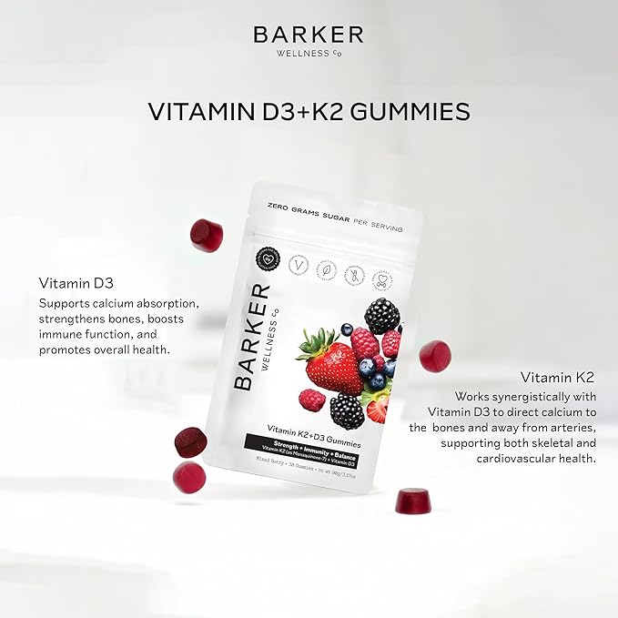 Barker Wellness D3 K2 Vitamin Gummies – Max Potency 6000IU D3 + 200mcg K2 for Strong Bones, Cardiovascular Wellness, Immune Support | Vegan, Sugar-Free, Delicious Mixed Berry | 30 Servings