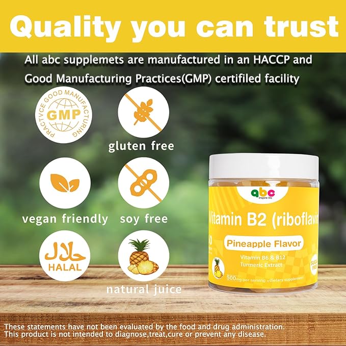 Vitamin B2 Gummies Riboflavin 400mg for Men Chewable B2 Vitamins for Adults with B Complex Turmeric Extract for Digestive Comfort,Nervous System Support, Vegan, Sugar-Free, Pineapple Flavor,60 Count