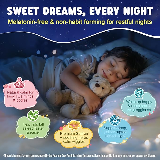 Kids Sleep Gummies NO Melatonin - Triple Magnesium Glycinate + Saffron, GABA, Berry & Nut Superfood Gummies, Sugar Free Nighttime Sleep Aid & Calm for Kids 4+ Teens, Relaxation, Brain & Muscle, 2Pack