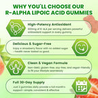 R Alpha Lipoic Acid 600mg Gummies, Stabilized R-Alpha Lipoic Acid, ALA Supplement for Nerve Health, Antioxidant & Metabolism Support- Vegan, Non-GMO, Gluten Free, Strawberry Flavor - 120 Count