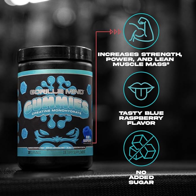 Gorilla Mind Creatine Gummies - Third-Party HPLC Tested | 5g Creapure® Creatine Monohydrate | Verified Potency & Purity | Strength · Power · Lean Muscle | No Added Sugar | Blue Raspberry Flavor