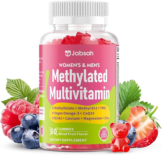 Methylated Vitamin B Complex Gummies for Women & Men, Multivitanins Gummy with Vitamin A, C ,E, Methylfolate & B12, TMG, Calcium, D3 K2, Magnesium & More for Overall Health-Vegan, Sugar Free, 60 Cts