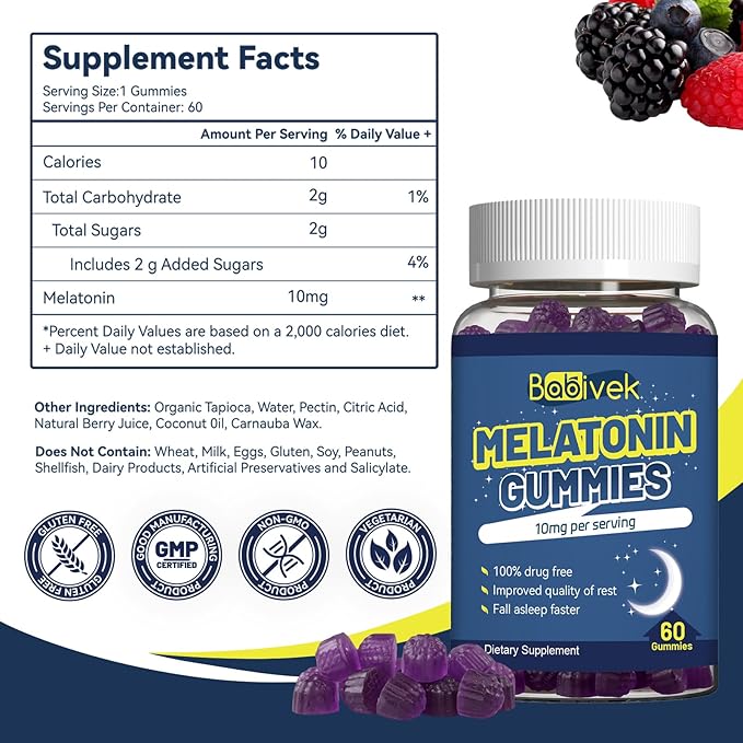 Melatonin 10mg Gummies for Sleep Support, Natural Berry Flavor, Non-GMO, Gluten Free, Vegan, 60 Count, 2 Month Supply – Bedtime Relaxation & Restful Sleep Aid