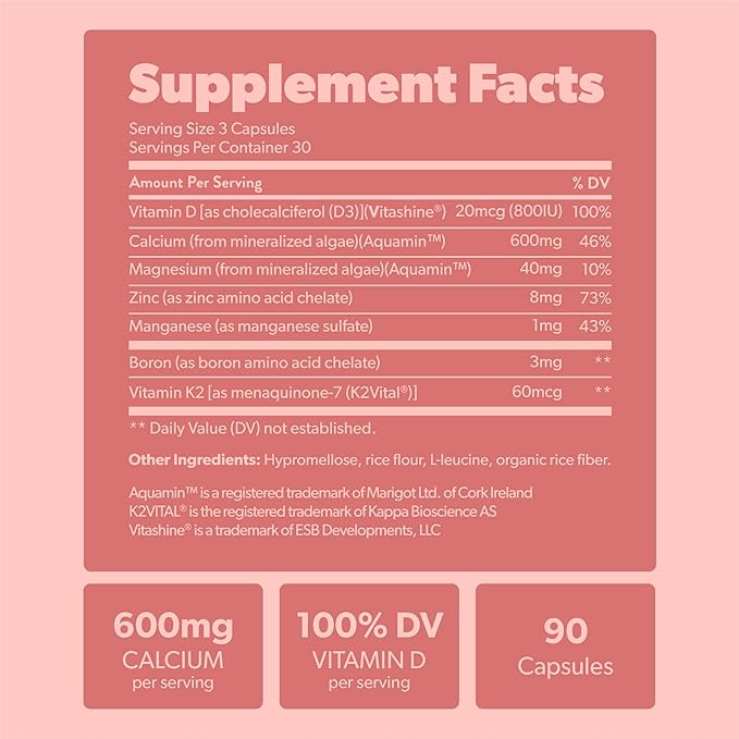 sapling Calcium Supplement - Whole Food with Vitamin K2 & D3, Magnesium, Zinc, Boron, Mineral Complex. Sourced Sustainably from Red Algae. for Bone Strength and Support. Non-GMO & Vegan 90 Capsules.