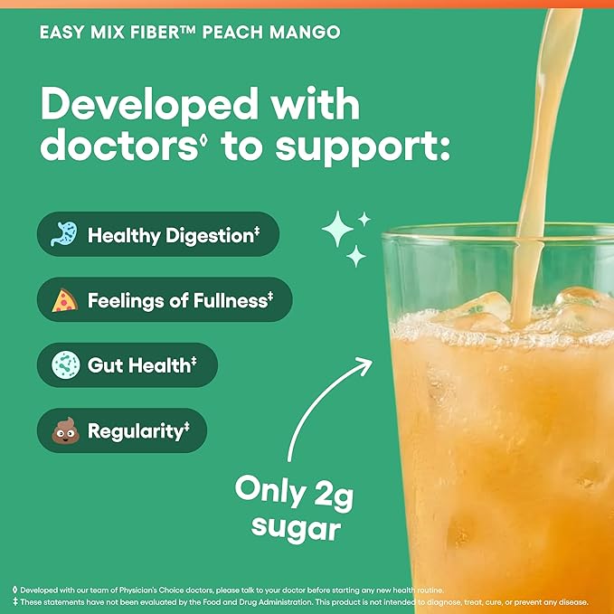 Physician's CHOICE Easy Mix Fiber for Digestive Health & Regularity - No Grit - Daily Prebiotic Soluble Fiber Powder Supplement for Women and Men - Peach Mango - 30 Servings