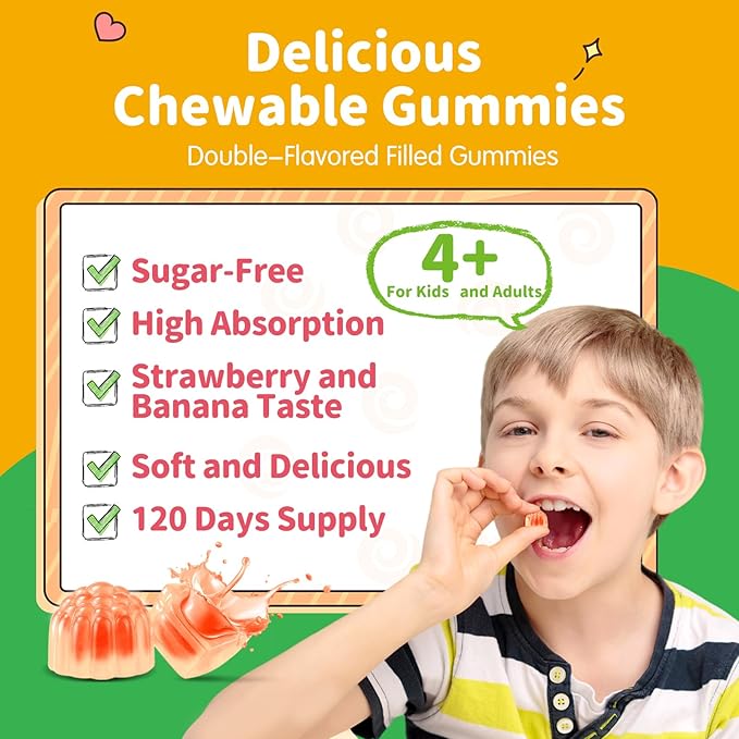 Magnesium Gummies for Kids - Magnesium Glycinate Gummies with L-Theanine, Vitamin B6, D3 for Kids & Adults Sleep, Calm, Relaxation, Brain, Bones, Muscle Relief, Sugar Free Banana & Strawberry 120ct