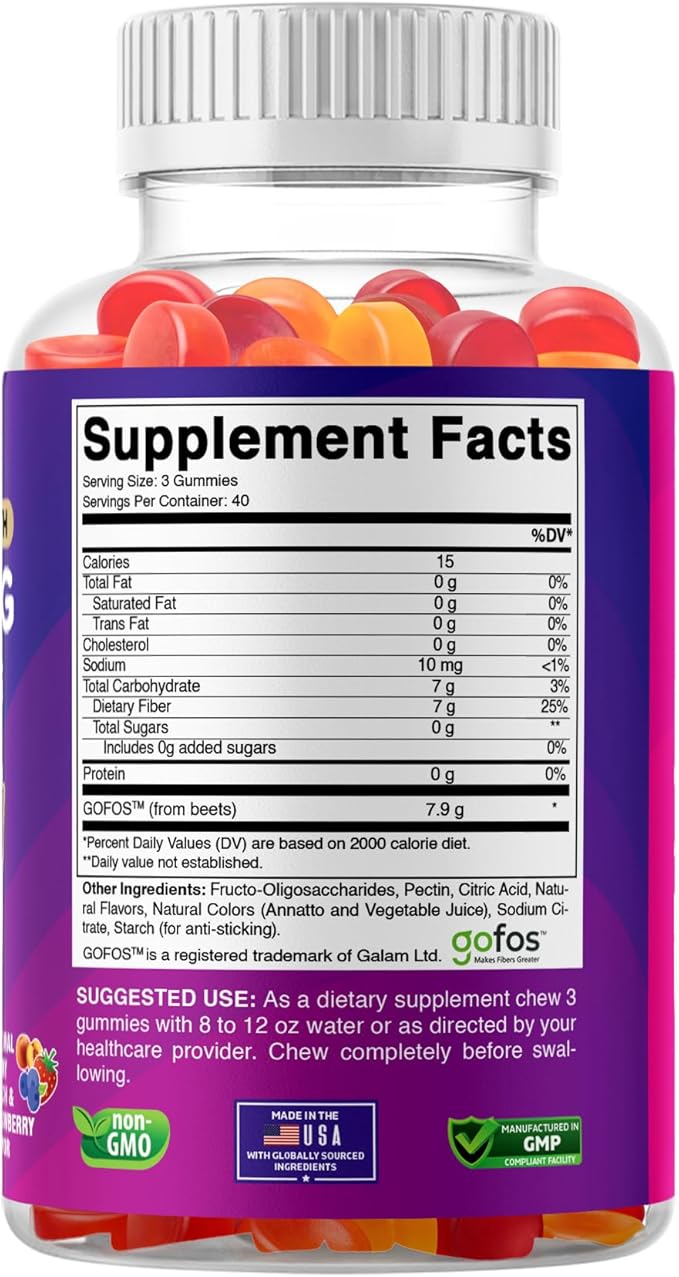 Vitabod Fiber Gummies 7G Per Serving for Digestive Health & Regularity, Prebiotic GOFOS™ Plant-Based Fiber, No Sugar Added, Vegan, Berry Peach Strawberry, 120 Gummies (Adults, Women & Men)