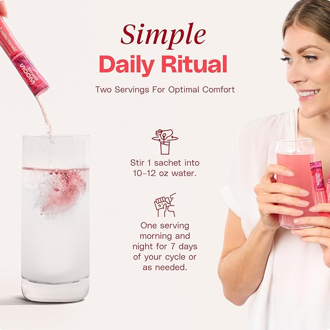 Premium Menstruation Support - 14 Sachets Raspberry Drink - Hormonal Balance & PMS Support - Reduce Period Cramps, Fatigue & Nausea -with Magnesium Bisglycinate, BenfoPure B1 & Vitamin B6