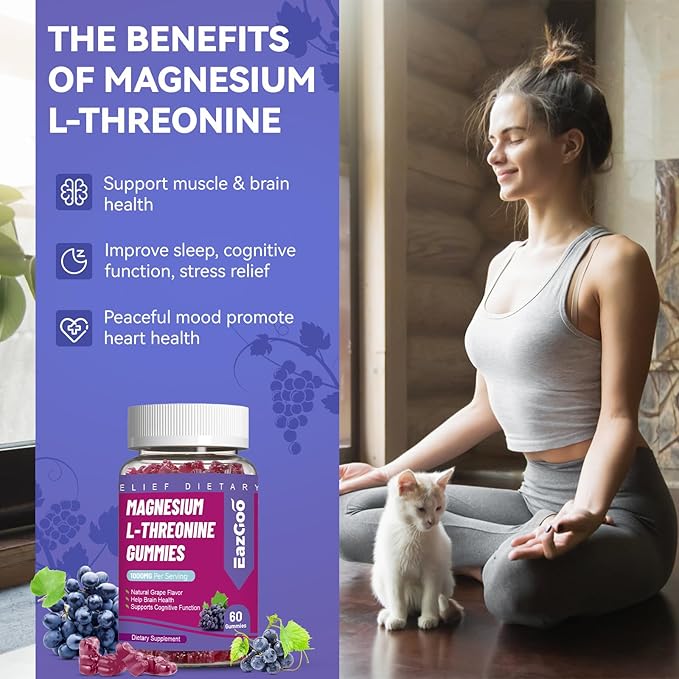 Magnesium Threonine Gummies 1000mg, L-Threonine Gummies for Adults, Great Magnesium Supplements for Brain, Non-GMO, Gluten Free, Vegan, 60 Grape Magnesium Gummies, 30 Day Supply